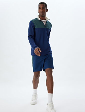 Spor Sweatshirt Dik Yaka Yarım Fermuarlı Arkası Baskılı Renk Kontrastlı İnterlok Kumaş