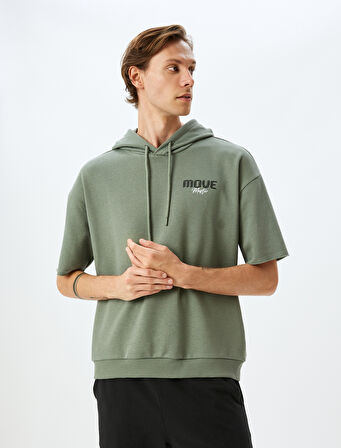 Yarım Kollu Kapşonlu Pamuk Karışımlı Slogan Baskılı Oversize Spor Sweatshirt