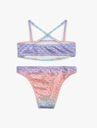 Deniz Kızı Temalı Baskı Detaylı Fırfırlı Askılı Bikini Takımı