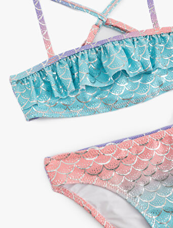 Deniz Kızı Temalı Baskı Detaylı Fırfırlı Askılı Bikini Takımı