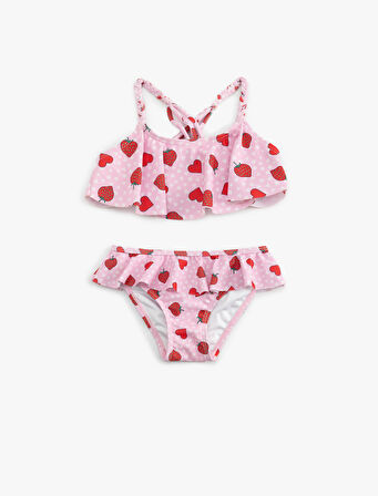 Kalp ve Çilek Desenli Fırfırlı Bikini Seti