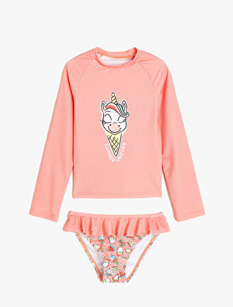 Fırfır Detaylı Unicorn Baskılı Uzun Kollu Bikini Seti 