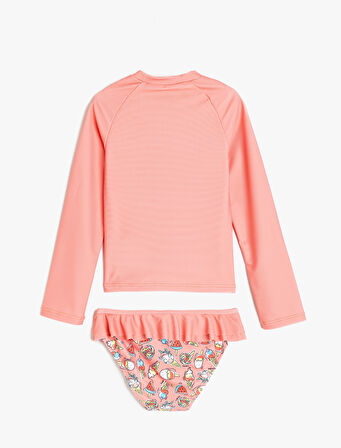 Fırfır Detaylı Unicorn Baskılı Uzun Kollu Bikini Seti 