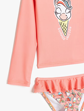 Fırfır Detaylı Unicorn Baskılı Uzun Kollu Bikini Seti 