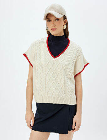 V Yaka Renk Kontrast Detaylı Saç Örgü Oversize Süveter