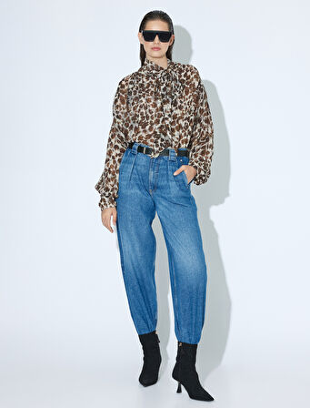 Leopar Desenli Fular Yaka Şifon Bluz Uzun Kollu 