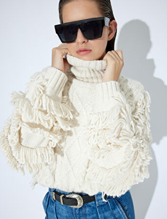 Püsküllü Örgü Kazak Balıkçı Yaka Kalça Boy Uzun Kollu 