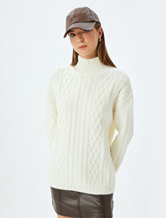 Koton X Sima Tarkan - Balıkçı Yaka Kazak Saç Örgü Kalça Boy Uzun Kollu