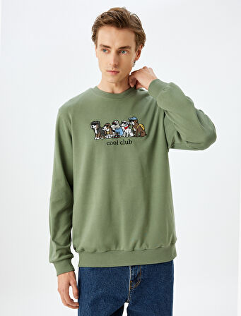 Pamuklu İşlemeli Bisiklet Yaka Sweatshirt
