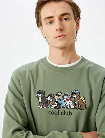 Pamuklu İşlemeli Bisiklet Yaka Sweatshirt