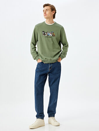 Pamuklu İşlemeli Bisiklet Yaka Sweatshirt