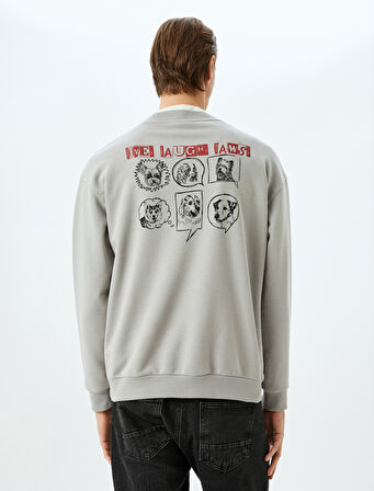 Bisiklet Yaka Pamuk Karışımlı Oversize Uzun Kollu Hayvan Baskılı Sweatshirt