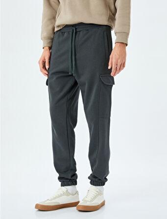 Beli Bağcıklı Pamuk Karışımlı Şardonlu Kargo Cepli Eşofman Altı