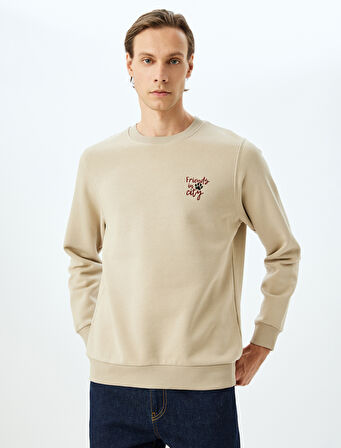 Bisiklet Yaka Şardonlu Pamuk Karışımlı Slogan İşlemeli Sweatshirt