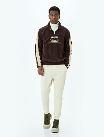 İşlemeli Yarım Fermuarlı Polar Sweatshirt