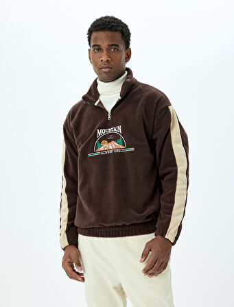 İşlemeli Yarım Fermuarlı Polar Sweatshirt