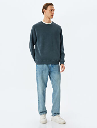 Bisiklet Yaka Uzun Kollu Şardonlu Pamuk Karışımlı Yıkamalı Basic Sweatshirt
