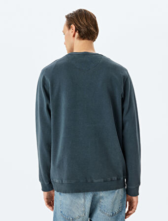 Bisiklet Yaka Uzun Kollu Şardonlu Pamuk Karışımlı Yıkamalı Basic Sweatshirt