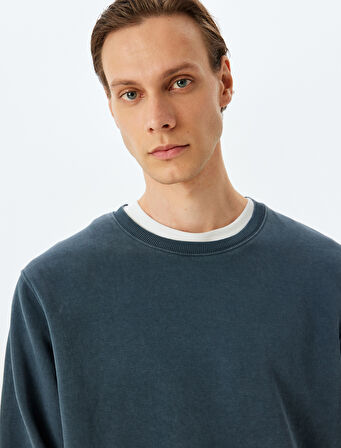 Bisiklet Yaka Uzun Kollu Şardonlu Pamuk Karışımlı Yıkamalı Basic Sweatshirt