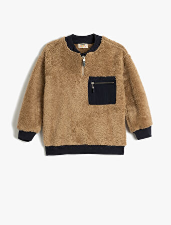 Yarım Fermuarlı Cep Detaylı Uzun Kollu Peluş Sweatshirt