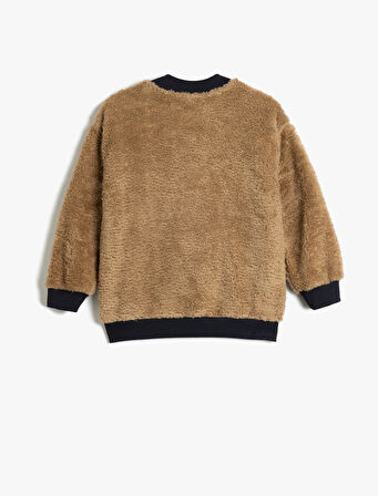 Yarım Fermuarlı Cep Detaylı Uzun Kollu Peluş Sweatshirt