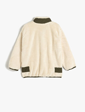 Peluş Sweatshirt Yarım Fermuarlı Dik Yaka Uzun Kollu