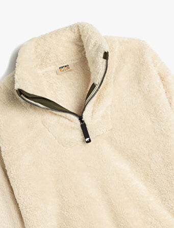 Peluş Sweatshirt Yarım Fermuarlı Dik Yaka Uzun Kollu