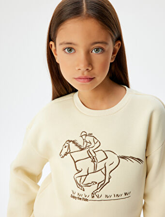 Sweatshirt İşleme Detaylı Bisiklet Yaka Şardonlu 