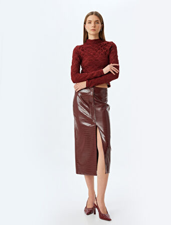 Dokulu Yarı Transparan Body Dik Yaka Uzun Kollu Slim Fit