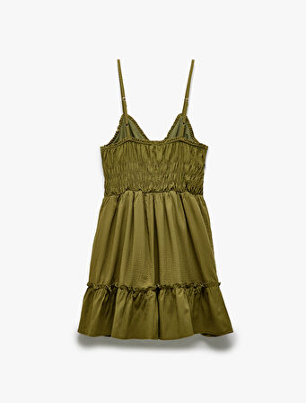 Gipeli V Yaka Katlı Fırfırlı İp Askılı Viskon Karışımlı Mini Elbise