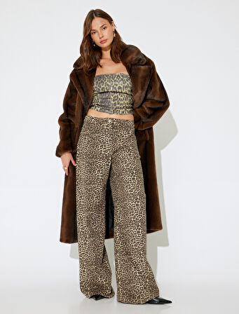 Koton X İnji - Geniş Uzun Paça Normal Bel Düğmeli Cepli Pamuklu Leopar Pantolon