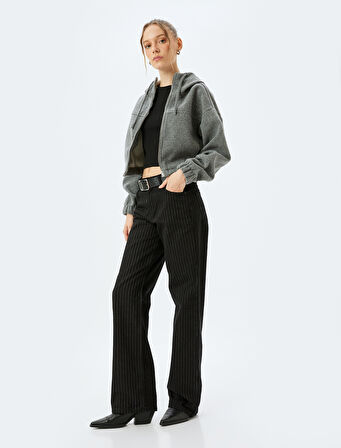 Düz Paça Straight Fit Normal Bel Düğmeli Çizgili Kot Pantolon