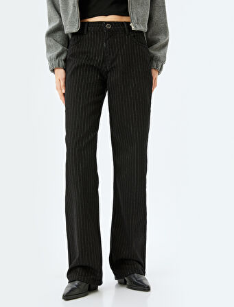 Düz Paça Straight Fit Normal Bel Düğmeli Çizgili Kot Pantolon