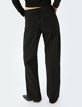 Düz Paça Straight Fit Normal Bel Düğmeli Çizgili Kot Pantolon