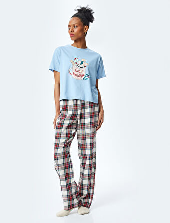 Yılbaşı Temalı Baskılı Kısa Kollu Pijama Üstü