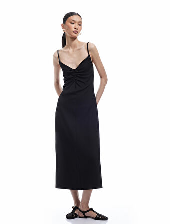 Drape Detaylı Bürümcük Kumaş İnce Askılı Midi Elbise