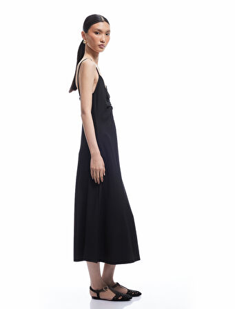 Drape Detaylı Bürümcük Kumaş İnce Askılı Midi Elbise
