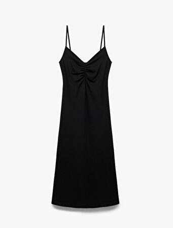 Drape Detaylı Bürümcük Kumaş İnce Askılı Midi Elbise