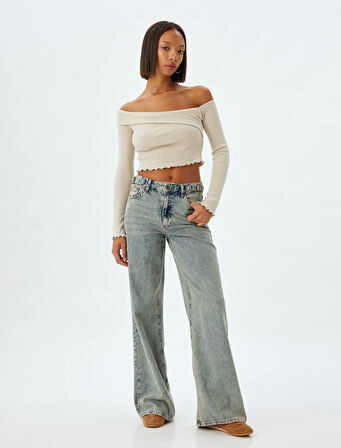 Crop Tişört Uzun Kollu Kaşkorse Asimetrik Yaka Fırfır Detaylı Slim Fit