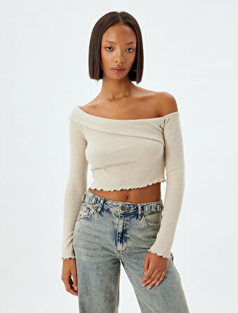 Crop Tişört Uzun Kollu Kaşkorse Asimetrik Yaka Fırfır Detaylı Slim Fit