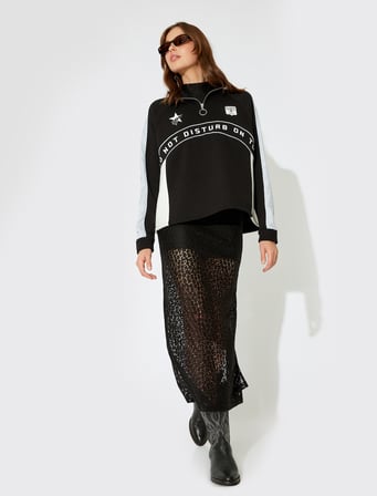  Şardonlu Yarım Fermuarlı Sloganlı Renk Bloklu Rahat Kalıp Sweatshirt