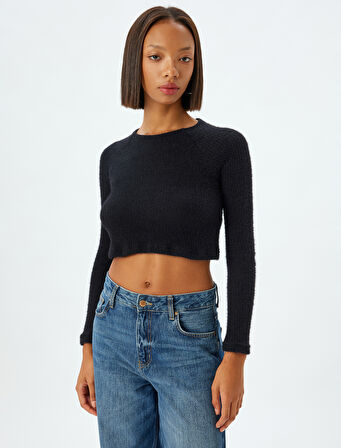 Uzun Kollu Body Crop Kayık Yaka Yumuşak Dokulu Slim Fit