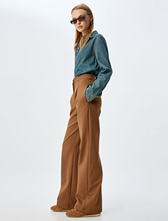 Geniş Paça Pantolon Pileli Yüksek Bel Düğmeli Rahat Kalıp