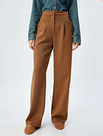 Geniş Paça Pantolon Pileli Yüksek Bel Düğmeli Rahat Kalıp