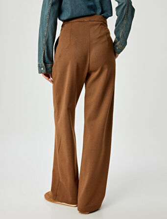 Geniş Paça Pantolon Pileli Yüksek Bel Düğmeli Rahat Kalıp