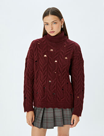 Balıkçı Yaka Yıpratılmış Saç Örgü Triko Kazak