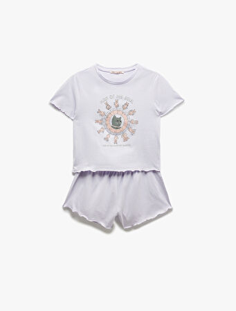 Pamuklu Kısa Kollu U Yaka Kedi Baskılı Şortlu Pijama Takımı