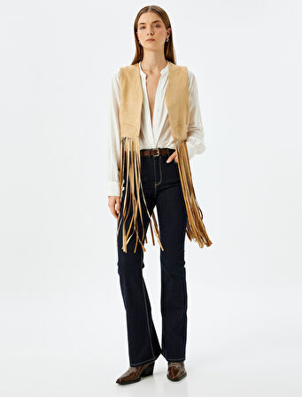 Uzun Püsküllü Suni Süet Yelek