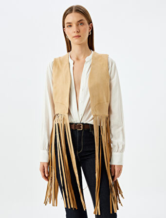 Uzun Püsküllü Suni Süet Yelek