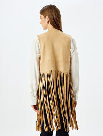 Uzun Püsküllü Suni Süet Yelek